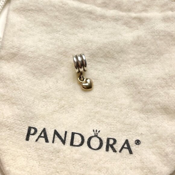 Pandora Retired Two-Tone Heart Dangle Charm – Sterling Silver & 14K Gold 790173 - Picture 3 of 4